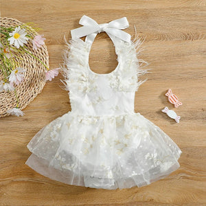 White feather sleeve romper dress with floral tulle