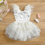 White feather sleeve romper dress with floral tulle