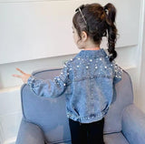 Girls' Pearl-Embellished Denim Jacket – Luxury Style Beaded Jean Jacket